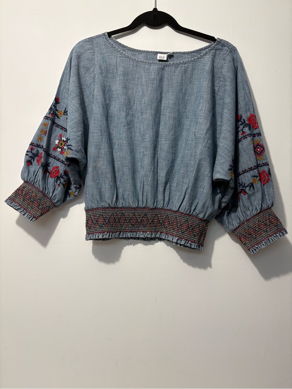 GAP Light Denim Blue Embroidered Peasant Top with Multicolor Accents